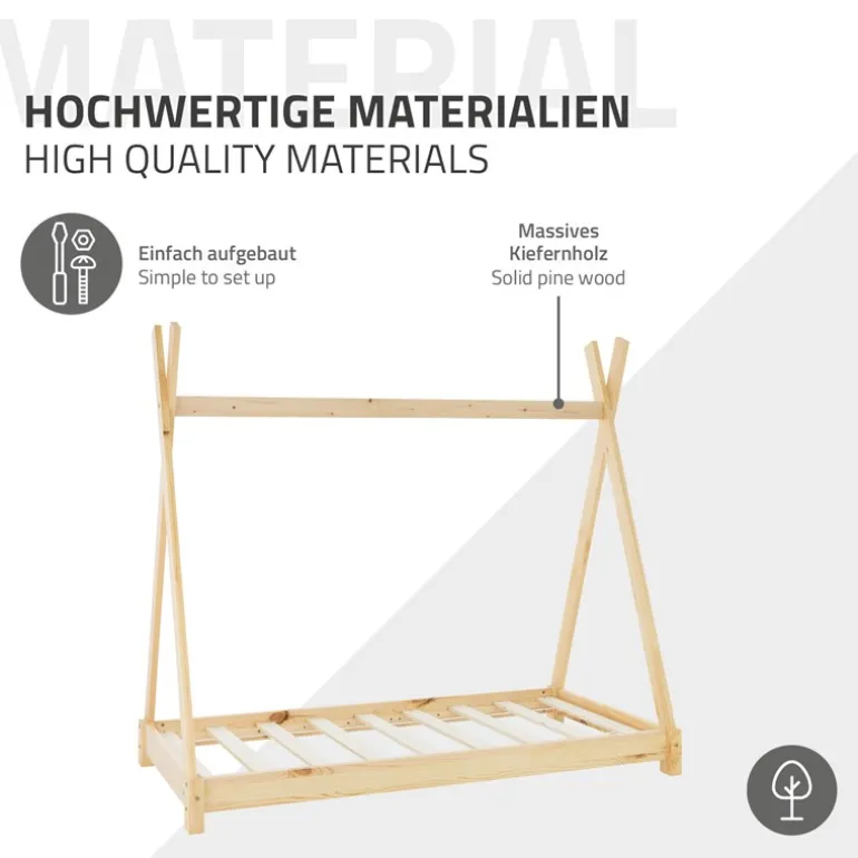 Kinderbett Tipi 70x140 cm aus Kiefernholz inkl. Matratze H-10cm Holzbett mit Lattenrost ML-Design