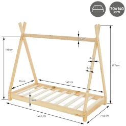Kinderbett Tipi 70x140 cm aus Kiefernholz inkl. Matratze H-10cm Holzbett mit Lattenrost ML-Design