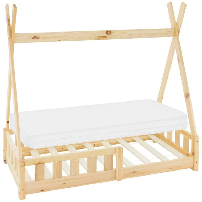 Kinderbett Tipi 70x140 cm aus Kiefernholz inkl. Matratze H-10cm Rausfallschutz und Lattenrost ML-Design