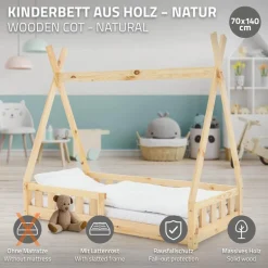 Kinderbett Tipi 70x140 cm aus Kiefernholz mit Rausfallschutz und Lattenrost Holzbett ML-Design