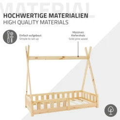 Kinderbett Tipi 70x140 cm aus Kiefernholz mit Rausfallschutz und Lattenrost Holzbett ML-Design