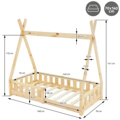 Kinderbett Tipi 70x140 cm aus Kiefernholz mit Rausfallschutz und Lattenrost Holzbett ML-Design