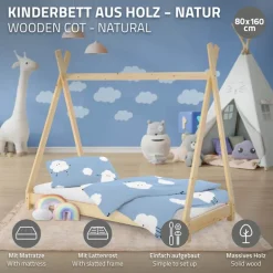 Kinderbett Tipi 80x160 cm aus Kiefernholz inkl. Matratze H-10cm Holzbett mit Lattenrost ML-Design