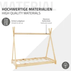 Kinderbett Tipi 80x160 cm aus Kiefernholz inkl. Matratze H-10cm Holzbett mit Lattenrost ML-Design