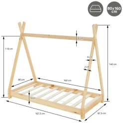 Kinderbett Tipi 80x160 cm aus Kiefernholz inkl. Matratze H-10cm Holzbett mit Lattenrost ML-Design