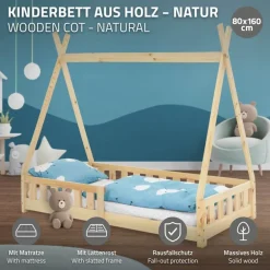 Kinderbett Tipi 80x160 cm aus Kiefernholz inkl. Matratze H-10cm Rausfallschutz und Lattenrost ML-Design
