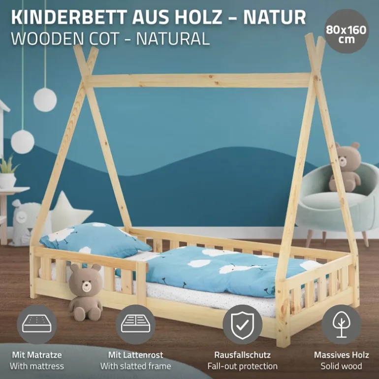 Kinderbett Tipi 80x160 cm aus Kiefernholz inkl. Matratze H-10cm Rausfallschutz und Lattenrost ML-Design