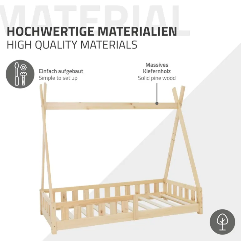 Kinderbett Tipi 80x160 cm aus Kiefernholz inkl. Matratze H-10cm Rausfallschutz und Lattenrost ML-Design