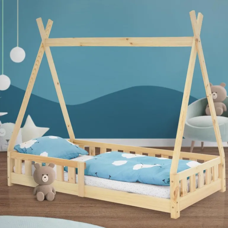 Kinderbett Tipi 80x160 cm aus Kiefernholz mit Rausfallschutz und Lattenrost Holzbett ML-Design