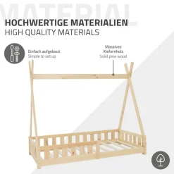 Kinderbett Tipi 80x160 cm aus Kiefernholz mit Rausfallschutz und Lattenrost Holzbett ML-Design