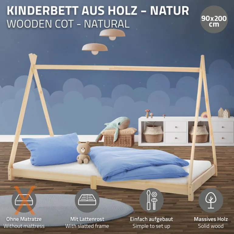 Kinderbett Tipi 90x200 cm aus Kiefernholz Holzbett mit Lattenrost ML-Design