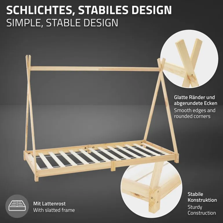 Kinderbett Tipi 90x200 cm aus Kiefernholz Holzbett mit Lattenrost ML-Design