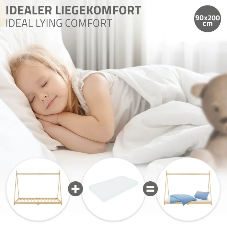 Kinderbett Tipi 90x200 cm aus Kiefernholz Holzbett mit Lattenrost ML-Design