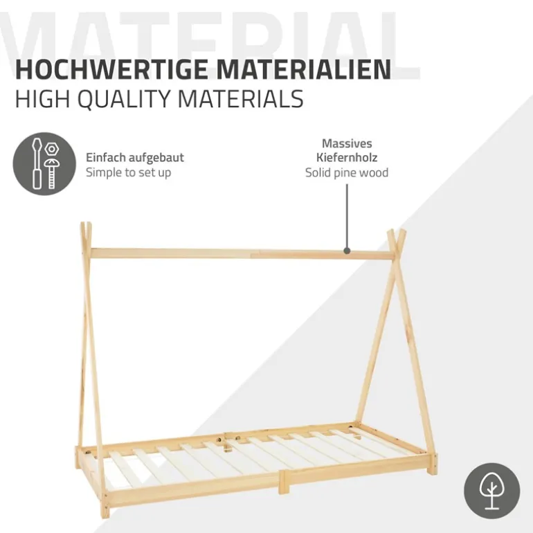 Kinderbett Tipi 90x200 cm aus Kiefernholz Holzbett mit Lattenrost ML-Design