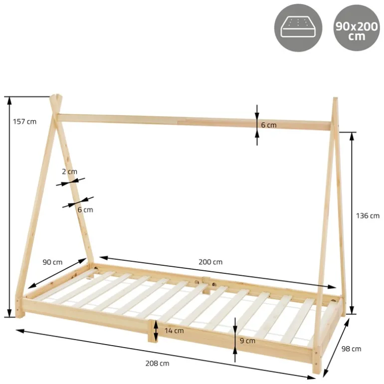 Kinderbett Tipi 90x200 cm aus Kiefernholz Holzbett mit Lattenrost ML-Design