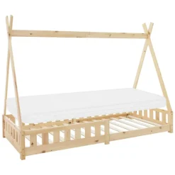 Kinderbett Tipi 90x200 cm aus Kiefernholz inkl. Matratze H-10cm Rausfallschutz und Lattenrost ML-Design