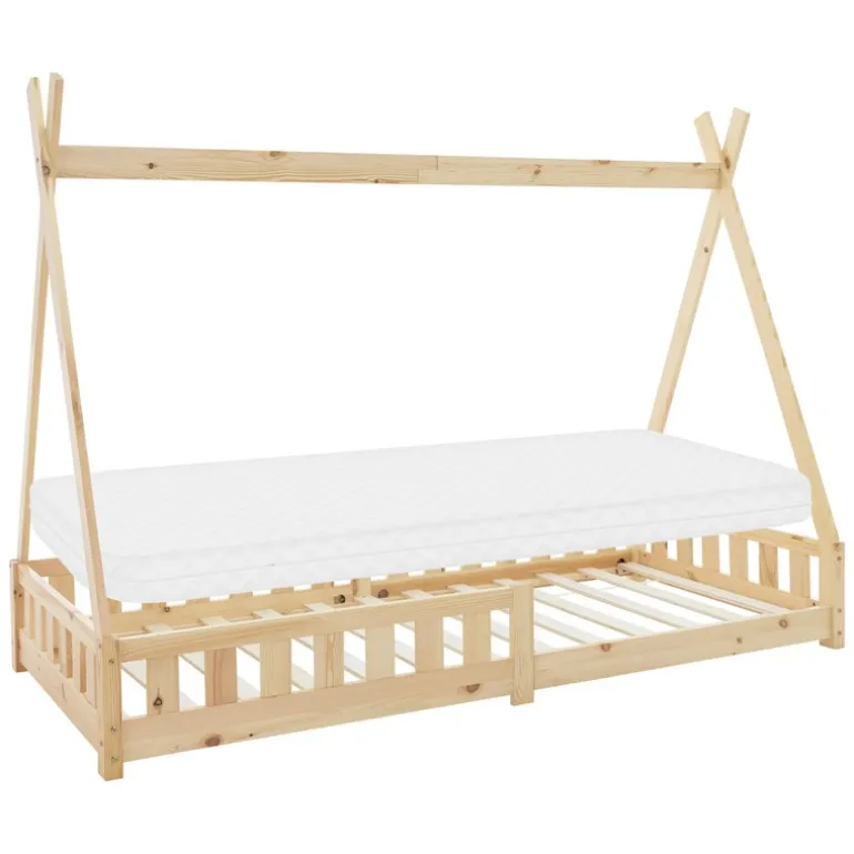 Kinderbett Tipi 90x200 cm aus Kiefernholz inkl. Matratze H-10cm Rausfallschutz und Lattenrost ML-Design