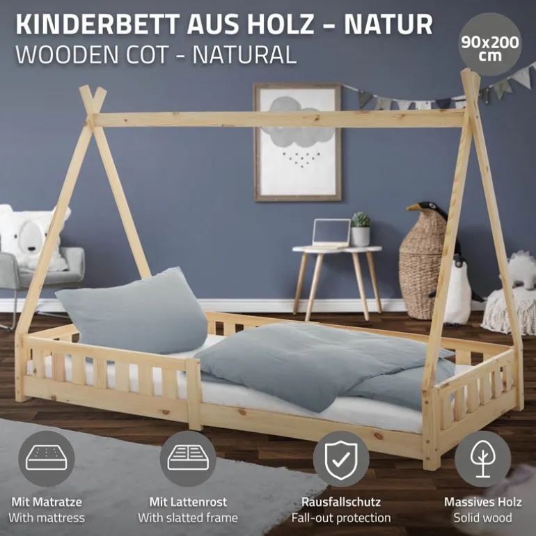 Kinderbett Tipi 90x200 cm aus Kiefernholz inkl. Matratze H-10cm Rausfallschutz und Lattenrost ML-Design