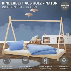 Kinderbett Tipi 90x200 cm aus Kiefernholz inkl. Matratze H-16cm Holzbett mit Lattenrost ML-Design