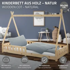 Kinderbett Tipi 90x200 cm aus Kiefernholz inkl. Matratze H-16cm Rausfallschutz und Lattenrost ML-Design