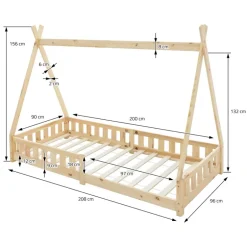 Kinderbett Tipi 90x200 cm aus Kiefernholz inkl. Matratze H-16cm Rausfallschutz und Lattenrost ML-Design