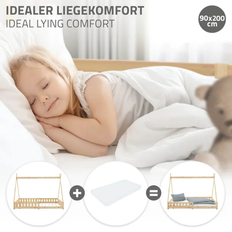 Kinderbett Tipi 90x200 cm aus Kiefernholz mit Rausfallschutz und Lattenrost Holzbett ML-Design