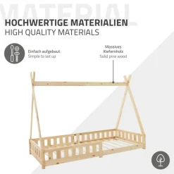 Kinderbett Tipi 90x200 cm aus Kiefernholz mit Rausfallschutz und Lattenrost Holzbett ML-Design