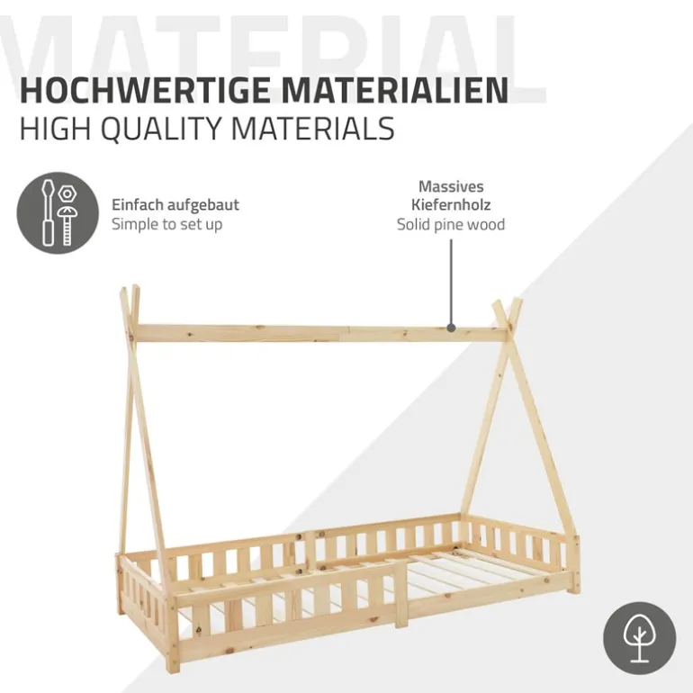 Kinderbett Tipi 90x200 cm aus Kiefernholz mit Rausfallschutz und Lattenrost Holzbett ML-Design
