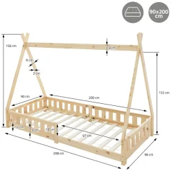 Kinderbett Tipi 90x200 cm aus Kiefernholz mit Rausfallschutz und Lattenrost Holzbett ML-Design