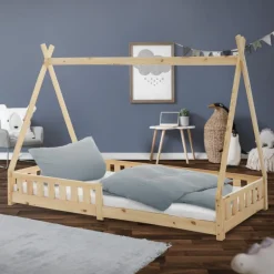 Kinderbett Tipi 90x200 cm aus Kiefernholz mit Rausfallschutz und Lattenrost Holzbett ML-Design