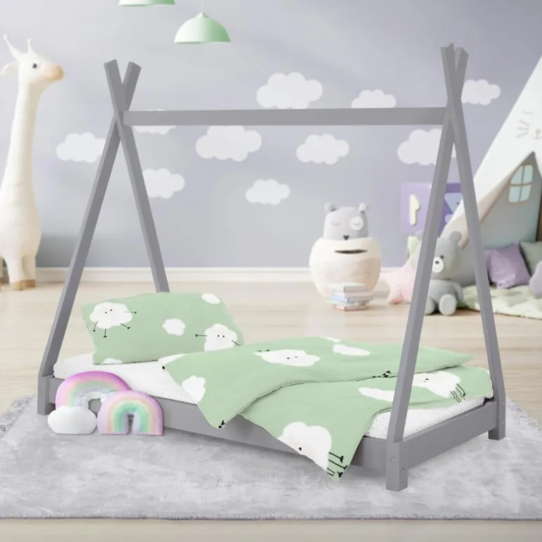 Kinderbett Tipi 70x140 cm Hellgrau aus Kiefernholz Holzbett mit Lattenrost ML-Design