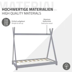 Kinderbett Tipi 70x140 cm Hellgrau aus Kiefernholz Holzbett mit Lattenrost ML-Design