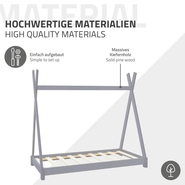 Kinderbett Tipi 70x140 cm Hellgrau aus Kiefernholz Holzbett mit Lattenrost ML-Design