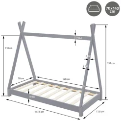 Kinderbett Tipi 70x140 cm Hellgrau aus Kiefernholz Holzbett mit Lattenrost ML-Design