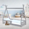 Kinderbett Tipi 70x140 cm Hellgrau aus Kiefernholz mit Rausfallschutz und Lattenrost Holzbett ML-Design