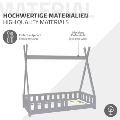 Kinderbett Tipi 70x140 cm Hellgrau aus Kiefernholz mit Rausfallschutz und Lattenrost Holzbett ML-Design