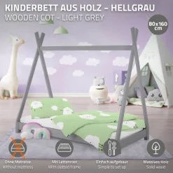 Kinderbett Tipi 80x160 cm Hellgrau aus Kiefernholz Holzbett mit Lattenrost ML-Design