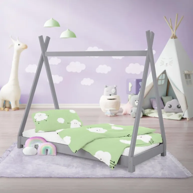 Kinderbett Tipi 80x160 cm Hellgrau aus Kiefernholz Holzbett mit Lattenrost ML-Design