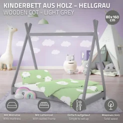 Kinderbett Tipi 80x160 cm Hellgrau aus Kiefernholz inkl. Matratze H-10cm Holzbett mit Lattenrost ML-Design