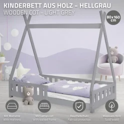 Kinderbett Tipi 80x160 cm Hellgrau aus Kiefernholz inkl. Matratze H-10cm Rausfallschutz und Lattenrost ML-Design