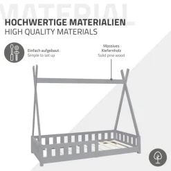 Kinderbett Tipi 80x160 cm Hellgrau aus Kiefernholz inkl. Matratze H-10cm Rausfallschutz und Lattenrost ML-Design