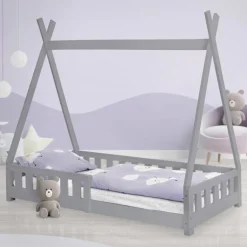 Kinderbett Tipi 80x160 cm Hellgrau aus Kiefernholz mit Rausfallschutz und Lattenrost Holzbett ML-Design