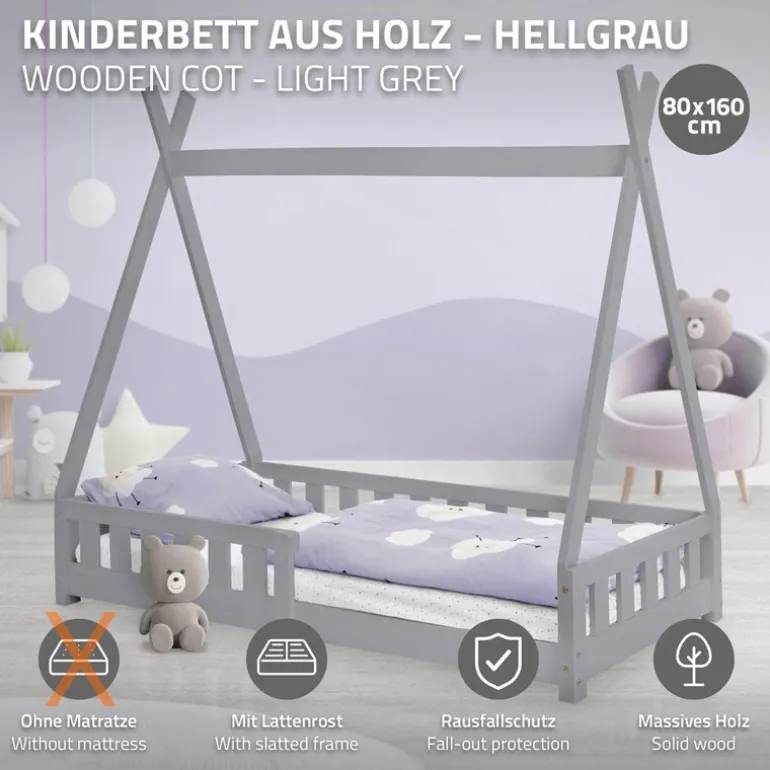 Kinderbett Tipi 80x160 cm Hellgrau aus Kiefernholz mit Rausfallschutz und Lattenrost Holzbett ML-Design