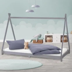 Kinderbett Tipi 90x200 cm Hellgrau aus Kiefernholz Holzbett mit Lattenrost ML-Design