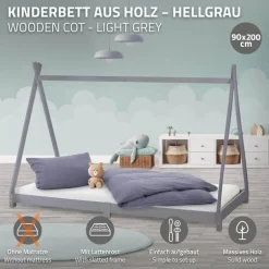 Kinderbett Tipi 90x200 cm Hellgrau aus Kiefernholz Holzbett mit Lattenrost ML-Design