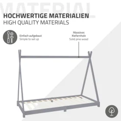 Kinderbett Tipi 90x200 cm Hellgrau aus Kiefernholz Holzbett mit Lattenrost ML-Design