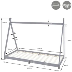 Kinderbett Tipi 90x200 cm Hellgrau aus Kiefernholz Holzbett mit Lattenrost ML-Design