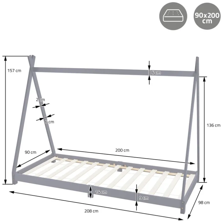 Kinderbett Tipi 90x200 cm Hellgrau aus Kiefernholz Holzbett mit Lattenrost ML-Design