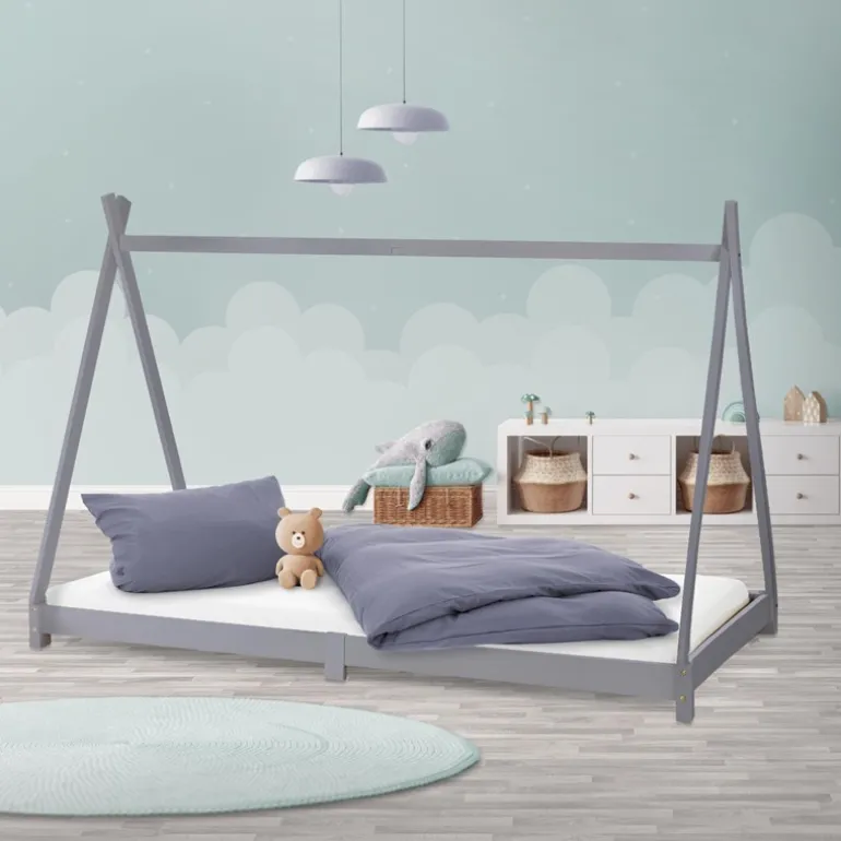 Kinderbett Tipi 90x200 cm Hellgrau aus Kiefernholz Holzbett mit Lattenrost ML-Design