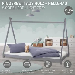 Kinderbett Tipi 90x200 cm Hellgrau aus Kiefernholz inkl. Matratze H-10cm Holzbett mit Lattenrost ML-Design